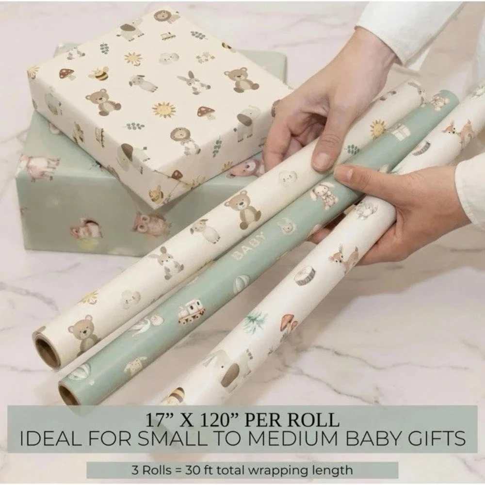 Beautiful‎ Gift Wrapping Paper Rolls for Baby Shower - Cute Set of 3